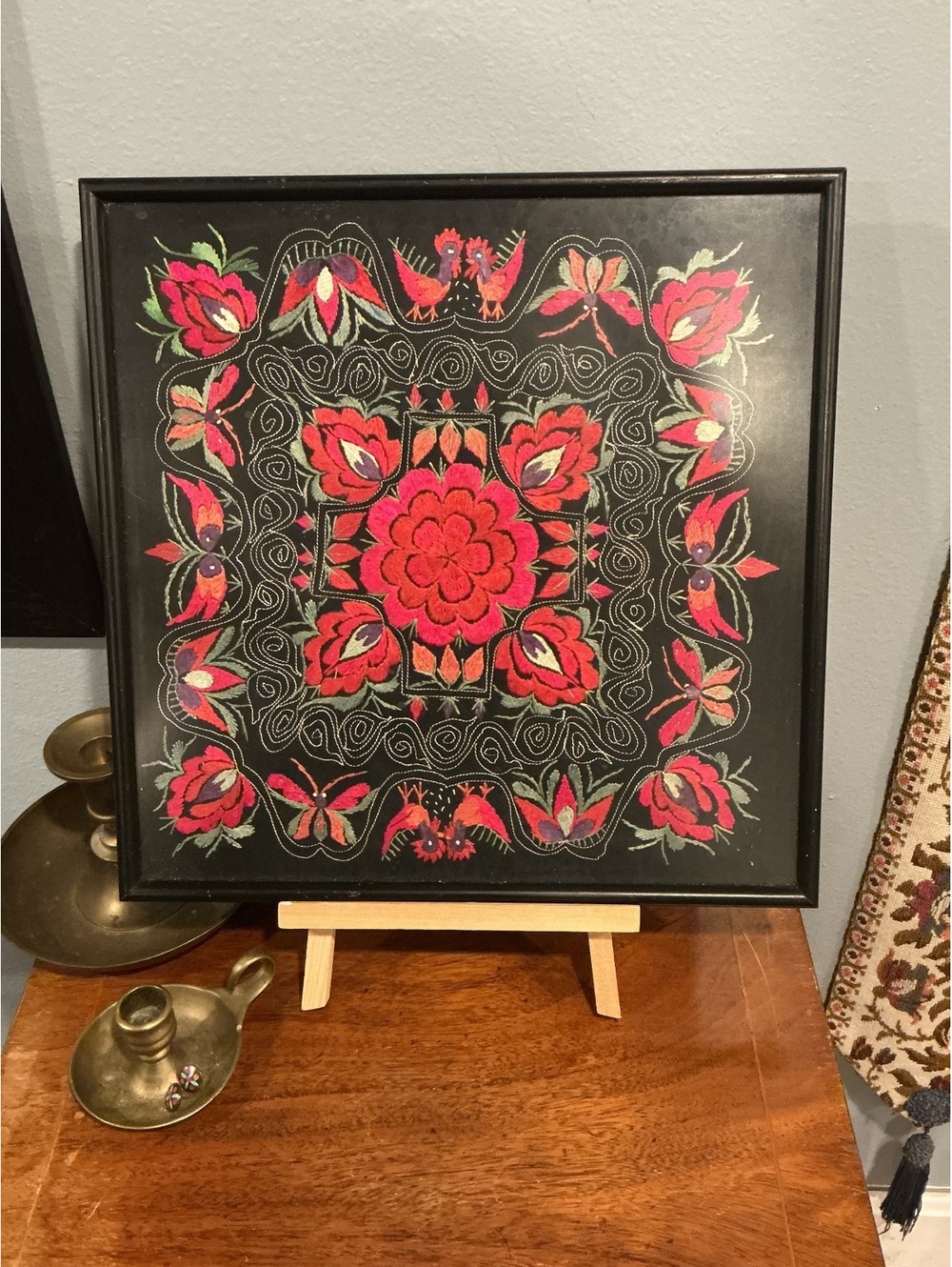 Vintage Hong Kong Framed Embroidery, Red Floral Folk Art